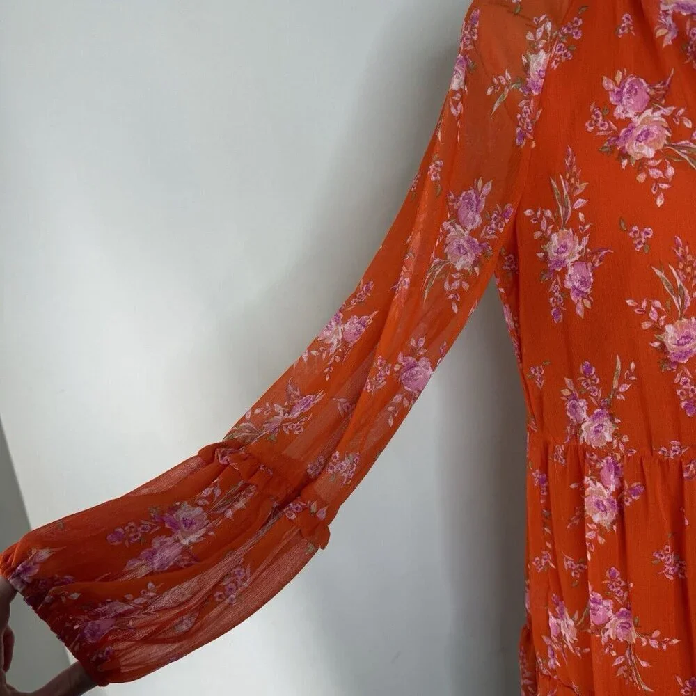 Vince Camuto Mini Short Floral Tiered Ruffle Shift Dress Orange NWT Sz M - Picture 3 of 10